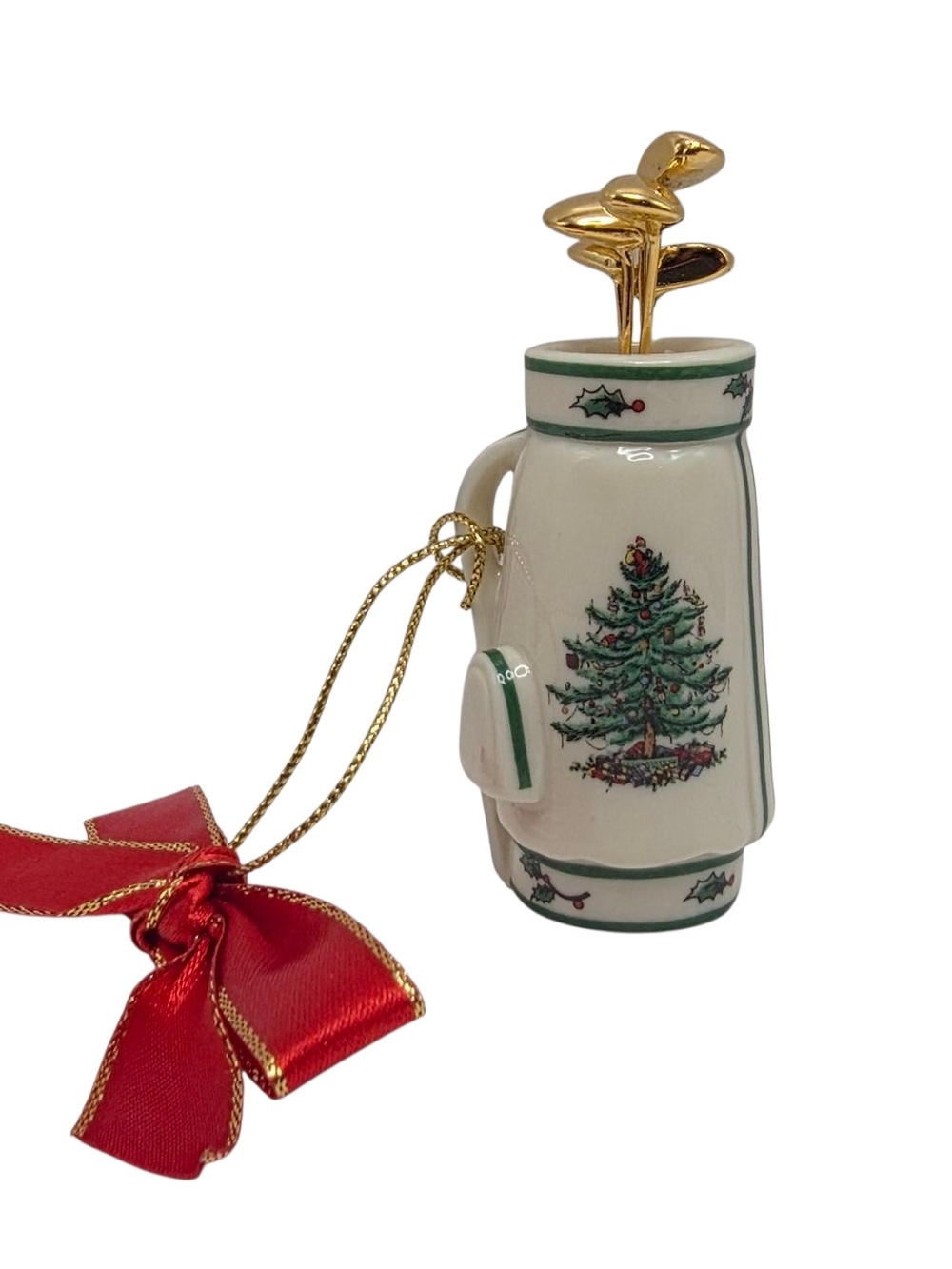 Spode Golf Bag Christmas Tree Ornament 3" Goldtone Clubs Porcelain No Box